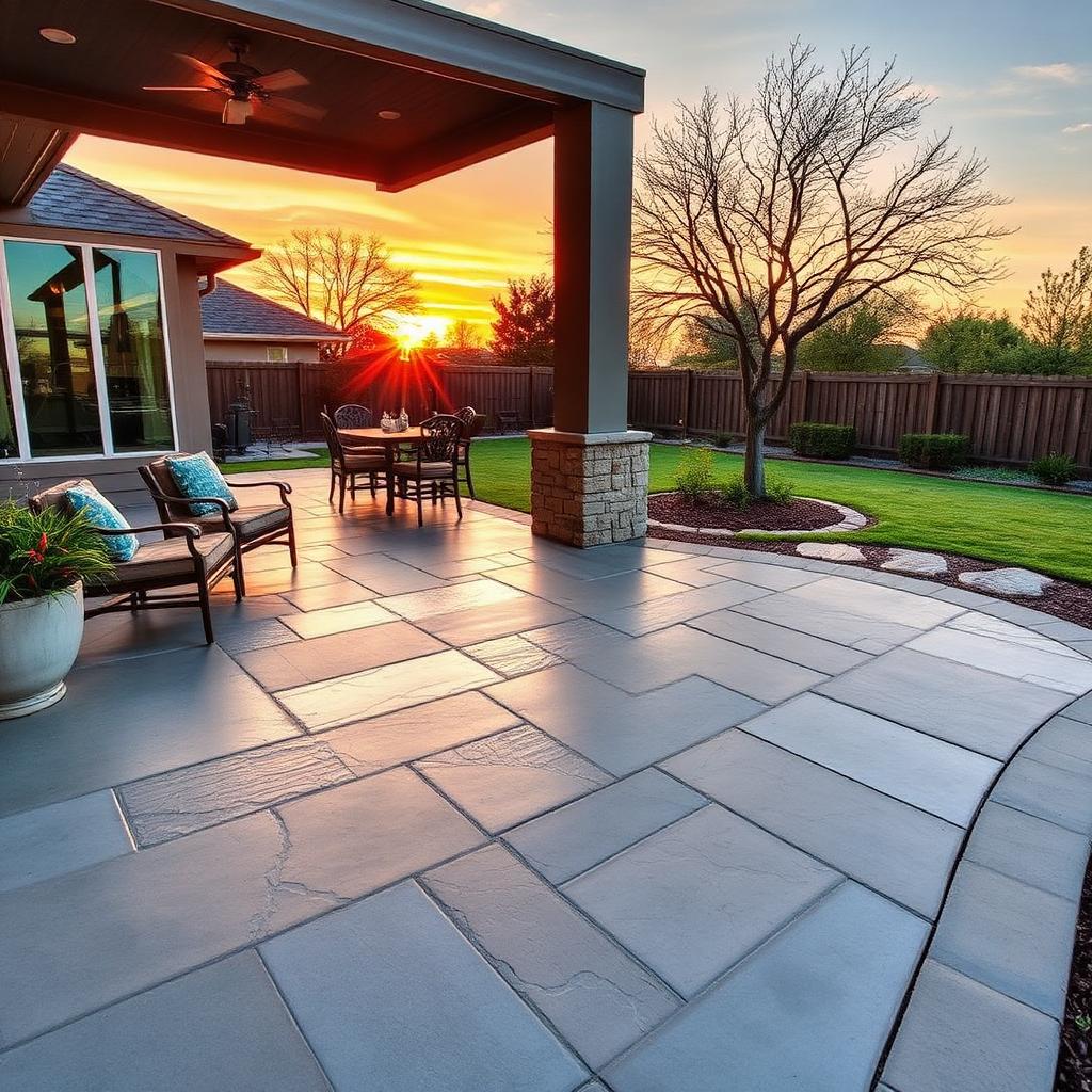 Stamped concrete backyard patio at sunset